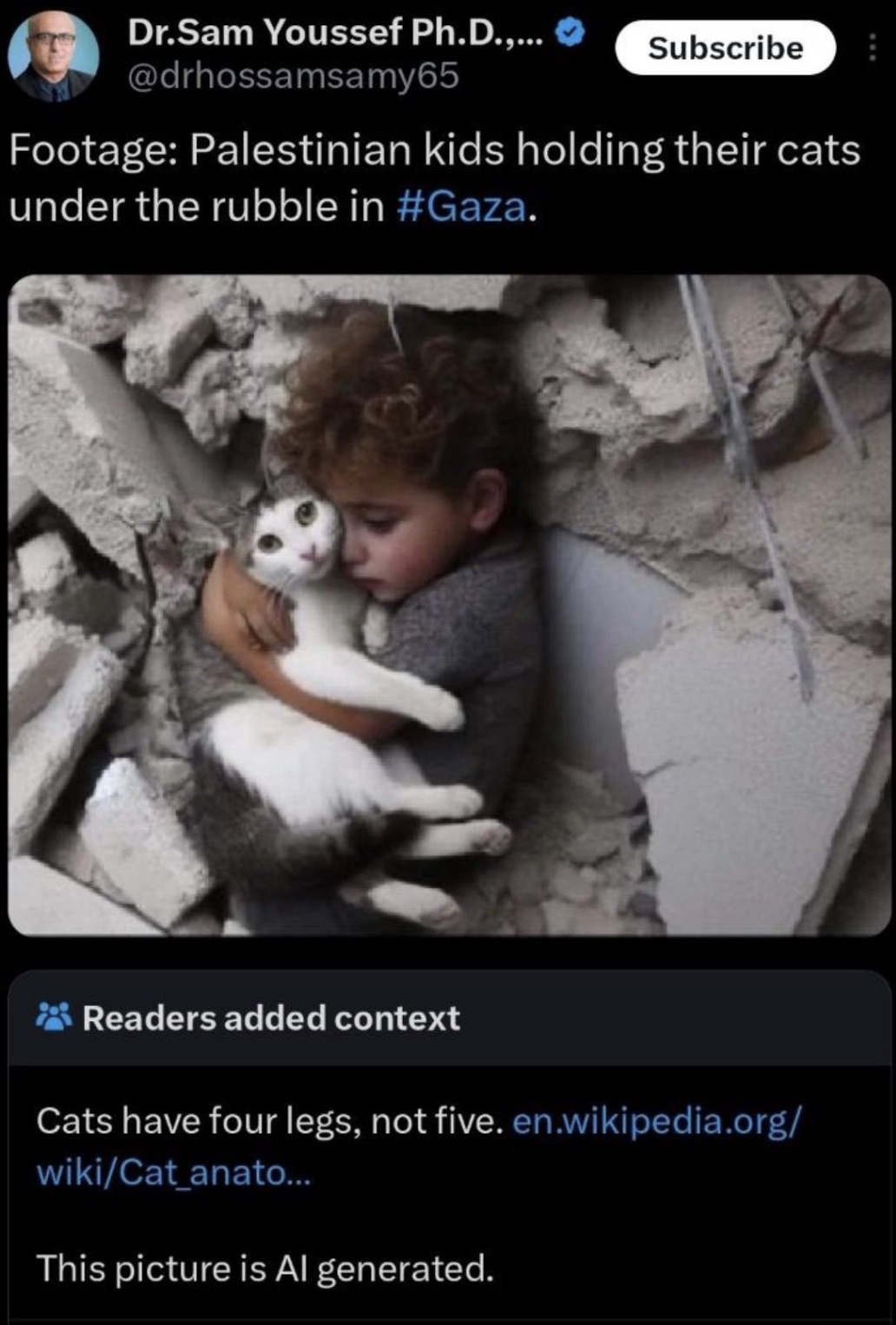 palestinian holding cat under rubble - Dr.Sam Youssef Ph.D.,... Subscribe B Footage Palestinian kids holding their cats under the rubble in . Readers added context Cats have four legs, not five. en.wikipedia.org wikiCat_anato... This picture is Al generat